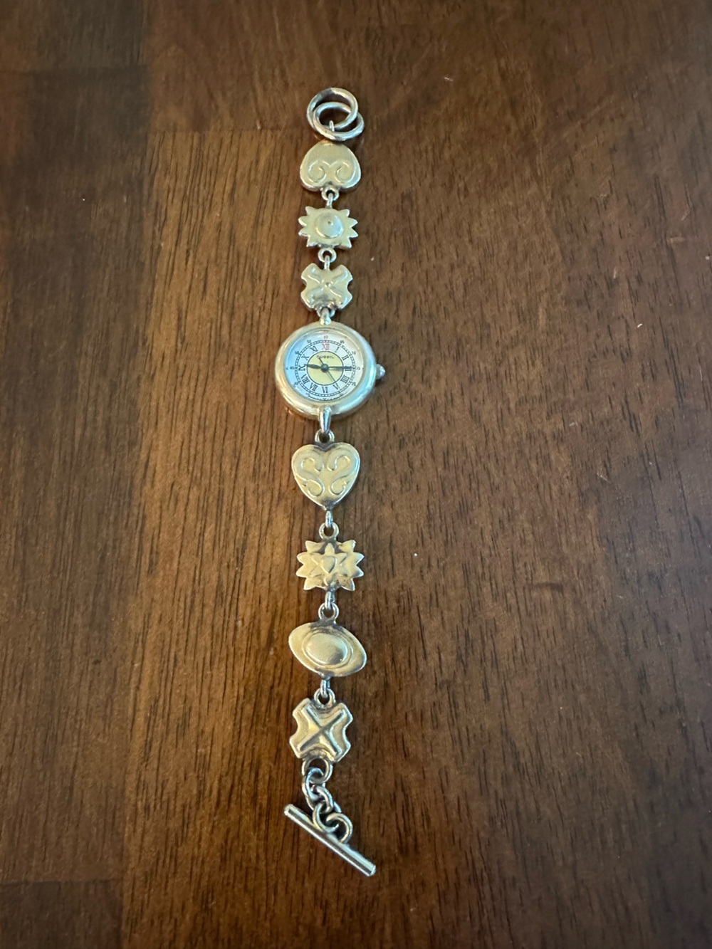 Vintage Fossil Heart & Motif Charm Bracelet Watch - Silver Tone